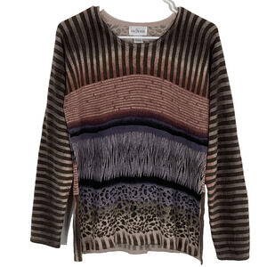 IN KNIT Shirt Womens Large Animal Print Knit Stretch Long Sleeve Side Slits